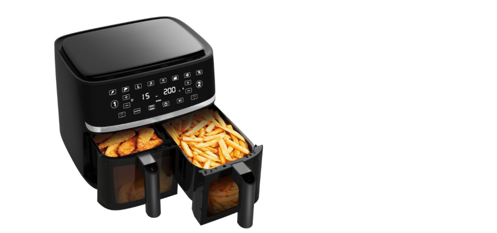 Amiko A60 Hot Air Fryer, multifunkciós kétkosaras digitális forrólevegős sütő, 1700W, 10L - fekete akciós termékkép 1