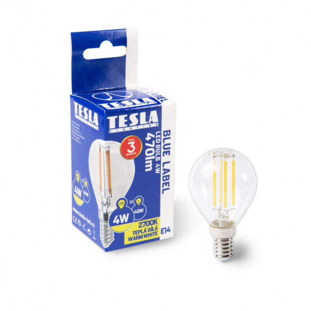 Tesla - LED FILAMENT RETRO minigömb izzó,  E14, 4W, 230V, 470lm, 2700K, 360°,clear akciós termékkép 1